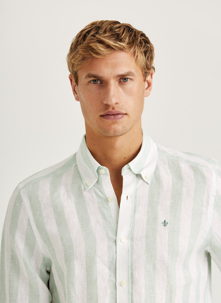 Morris Douglas Linen Stripe Shirt-Classic Fit Green