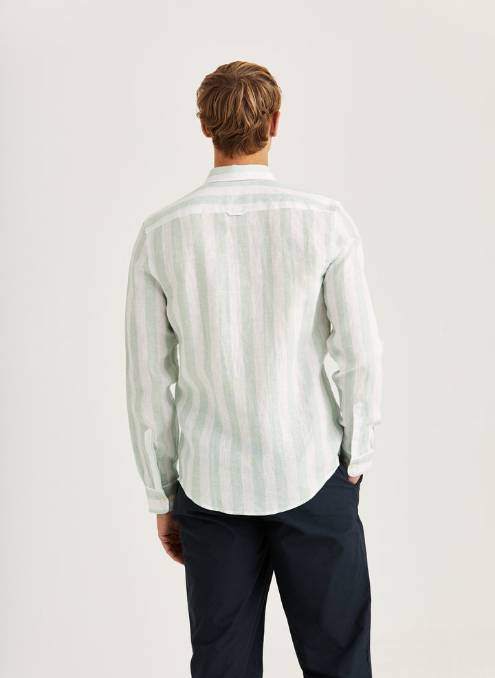Morris Douglas Linen Stripe Shirt-Classic Fit Green
