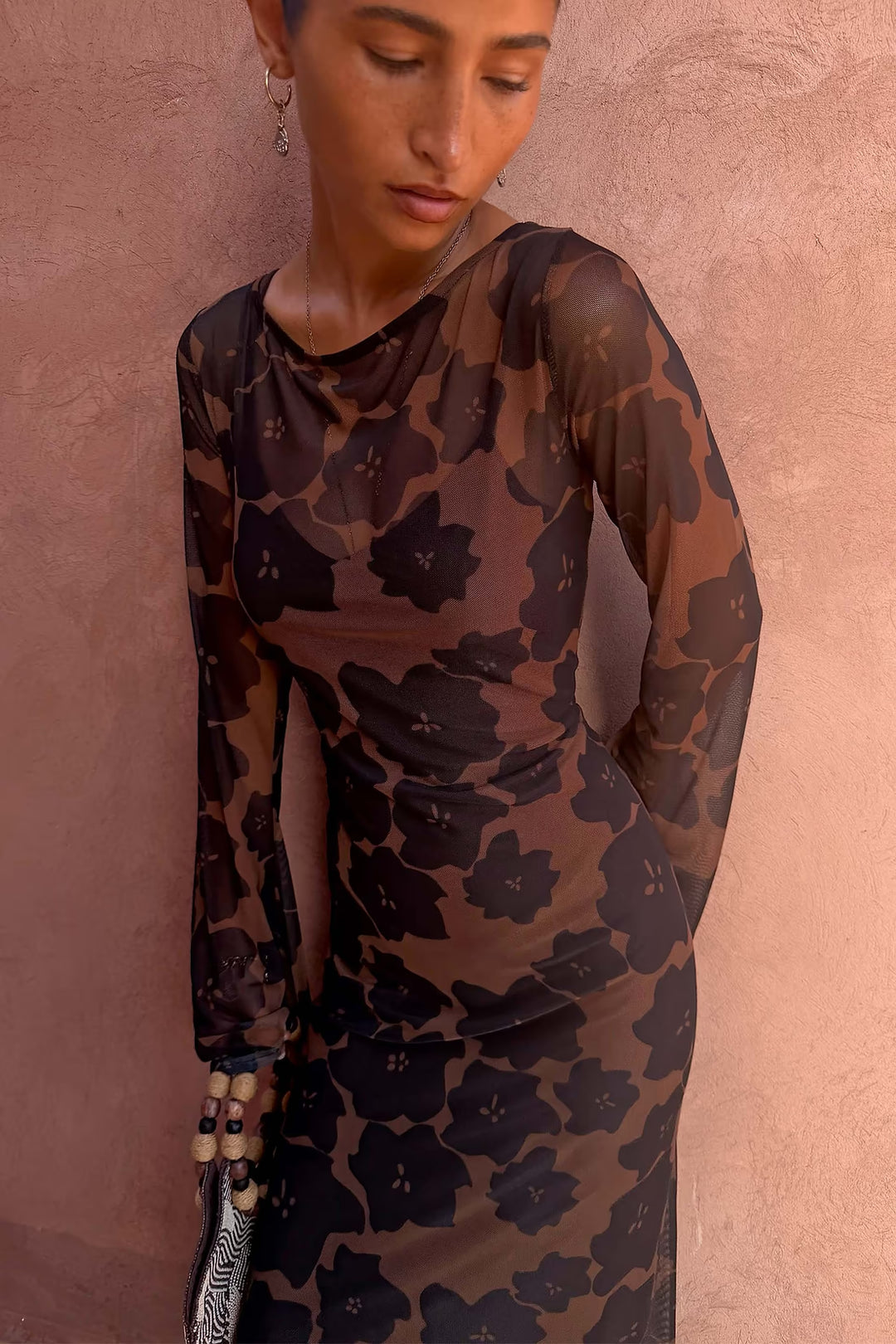 Never Fully Dressed Tan Jaden Floral Mesh Dress