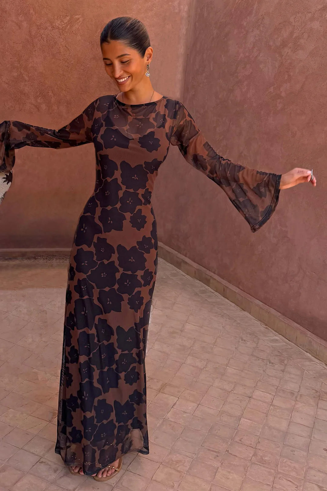 Never Fully Dressed Tan Jaden Floral Mesh Dress