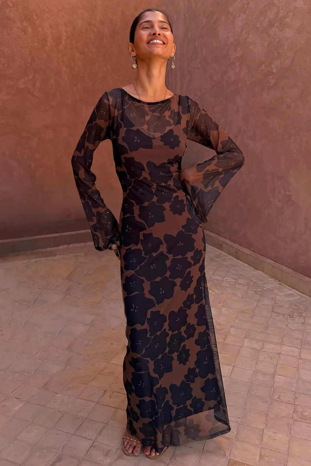 Never Fully Dressed Tan Jaden Floral Mesh Dress