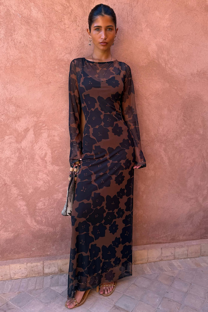 Never Fully Dressed Tan Jaden Floral Mesh Dress