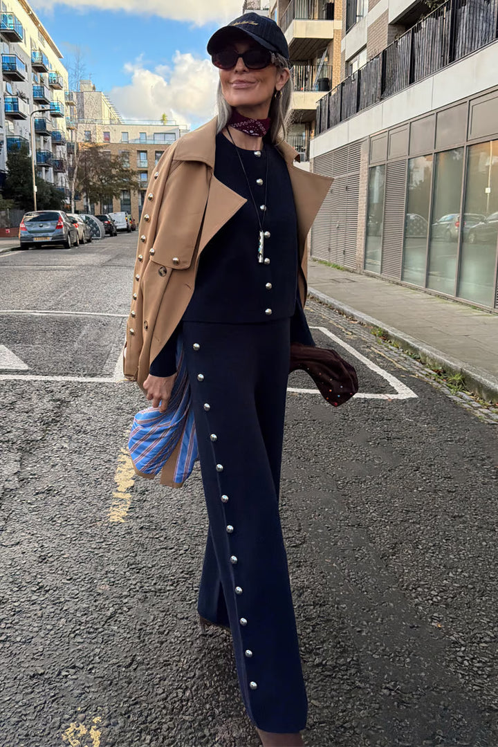 Navy Studded Wide Leg Knit Joggers